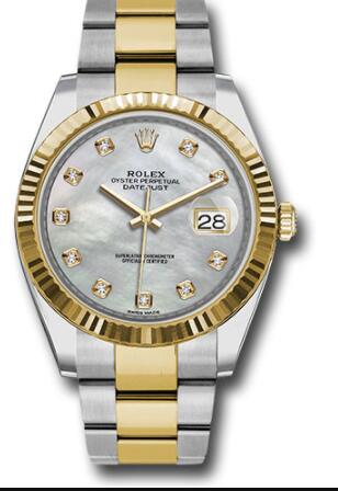 Replica Rolex Steel and Yellow Gold Rolesor Datejust 41 Watch 126333 Fluted Bezel White Mother-Of-Pearl Diamond Dial Oyster Bracelet - Click Image to Close